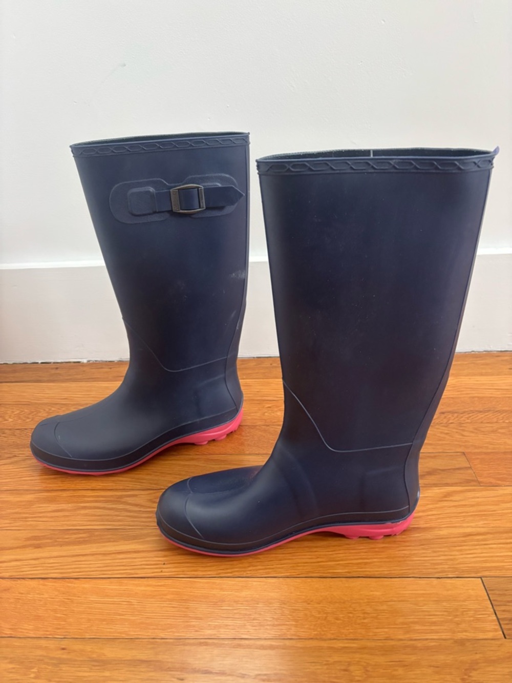 Women’s Kamik Navy Rubber Rain Boots with Pink Accent